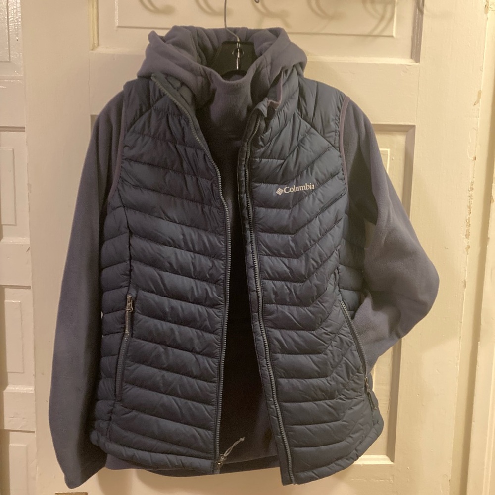 Columbia Women’s Dark Blue OmniHeat Vest and Fleece Hoodie Set. Size Med.